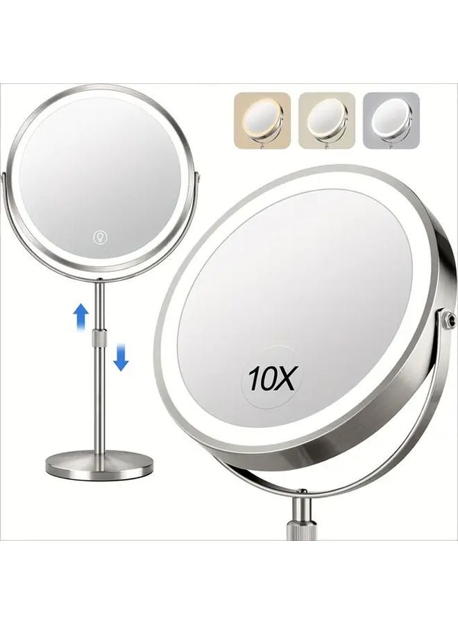 مرآة مكياج LED قابلة للتعتيم مع تكبير 1X و 10X و 3 إعدادات ألوان وتصميم دوار 360 درجة - Image 1